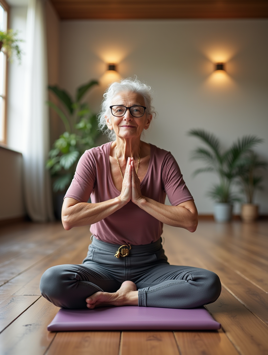 Жінка середнього віку практикує йогу